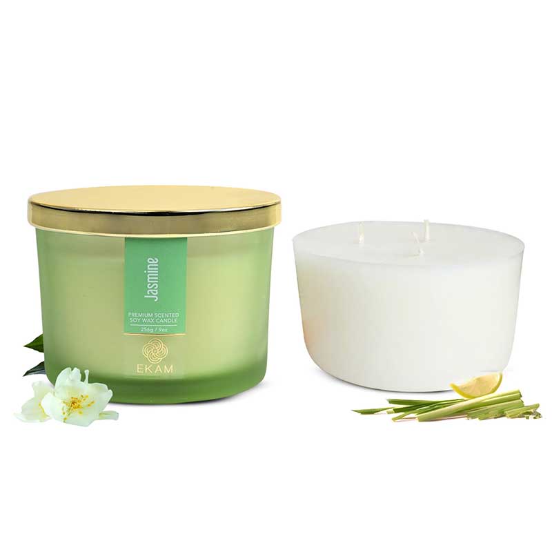 Jasmine Scented 3 Wick Candle Jar and Lemongrass Scented 3 Wick Refill Candle Combo