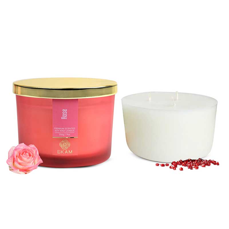 Rose Scented 3 Wick Candle Jar and Black Tea & Pomegranate Scented 3 Wick Refill Candle Combo