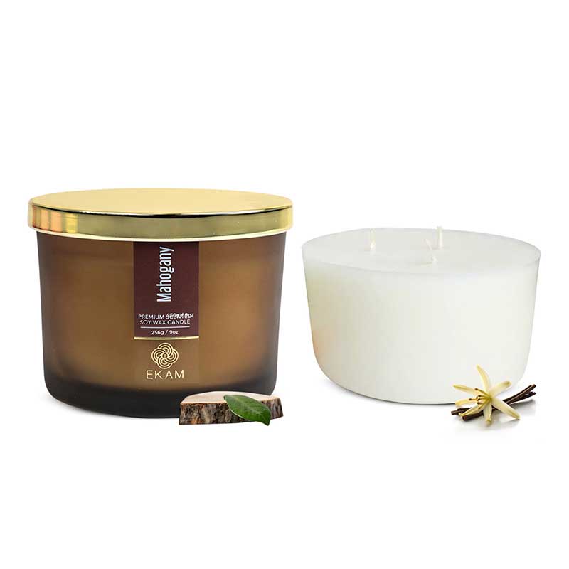 Mahogany Scented 3 Wick Candle Jar and Vanilla Scented 3 Wick Refill Candle Combo