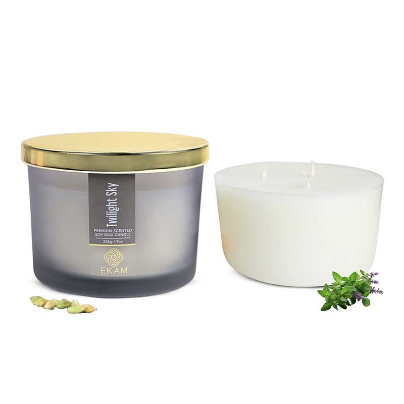 Twilight Sky Scented 3 Wick Candle Jar and Cedar & Mint Scented 3 Wick Refill Candle Combo