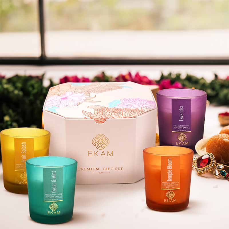 Pack of 4 Frosted Shot Glass Candles- Fruit Splash + Lavender + Cedar & Mint + Temple Bloom