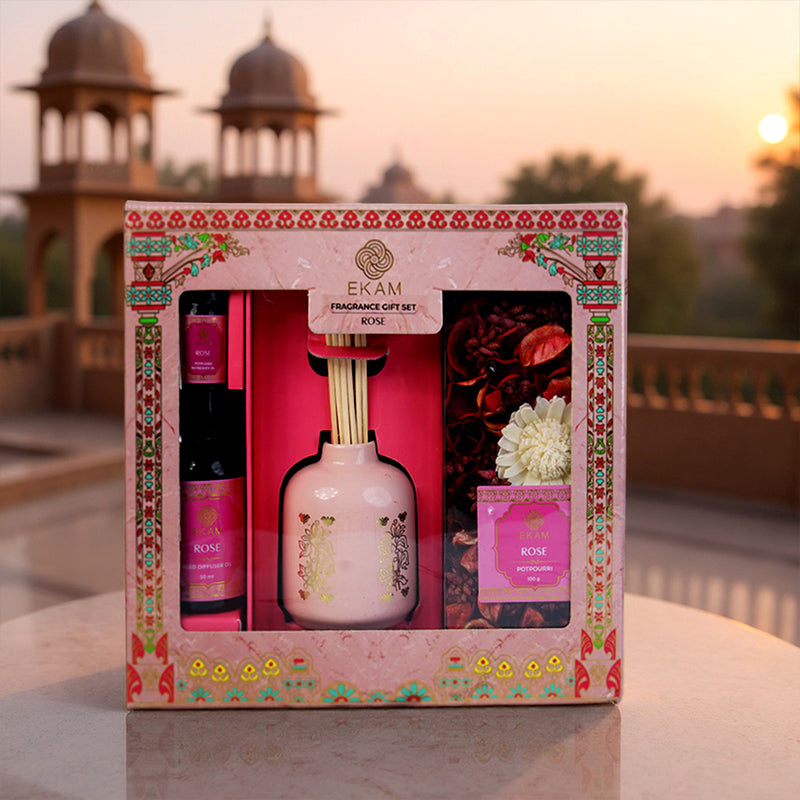 Rose Scented Reed Diffuser & Potpourri Gift Set| Festive Pink Haveli Collection, 2025-26