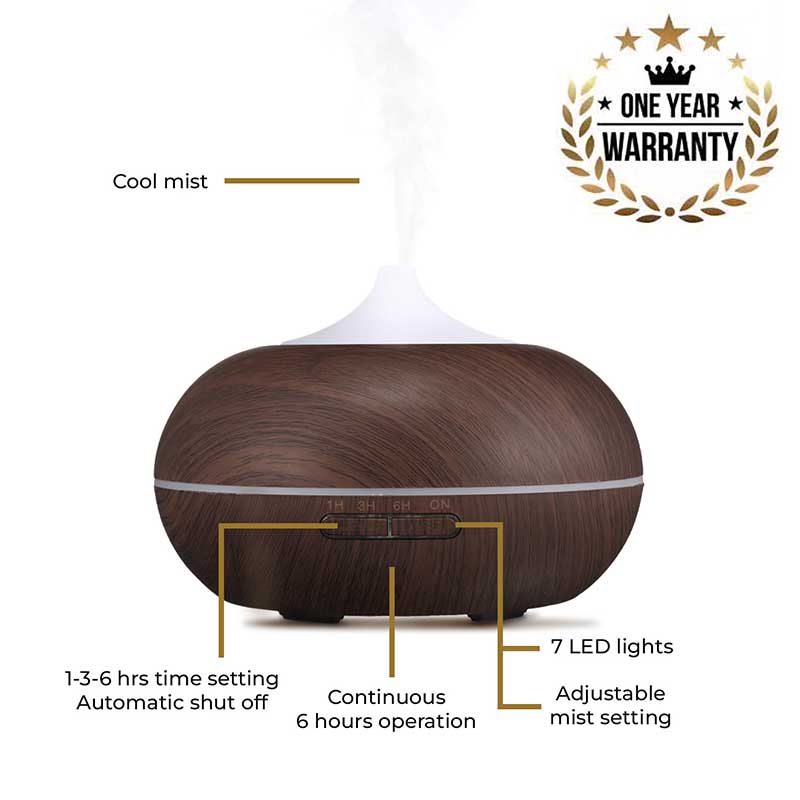 Aroma Diffuser - Model: YX-025 Dark Wood with Free True Joy, Change & Transform, Be Calm, and Self Love Wellness Oils
