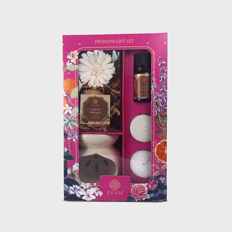 Ceramic Oil Warmer & Potpourri Gift Set | Cedar & Mahogany Scent