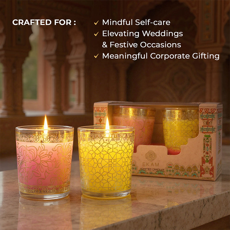 Pack of 2 Scented Votive Candles| Lemongrass, Rose| Festive Pink Haveli Collection, 2025-26