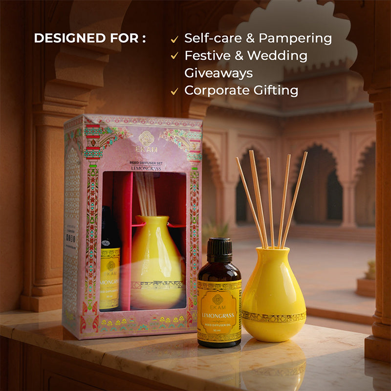 Lemongrass Scented Reed Diffuser Gift Set| Festive Pink Haveli Collection, 2025-26