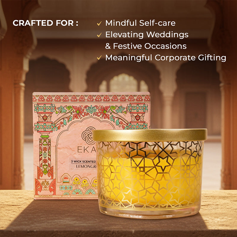 Lemongrass Scented 3 Wick Candle, 213 g| Festive Pink Haveli Collection, 2025-26