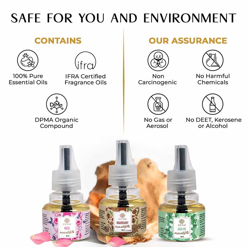 Pack of 3 Scented Air Freshener Plug-In Refill | Mahogany, Rose & Jasmine | 45 Ml Each