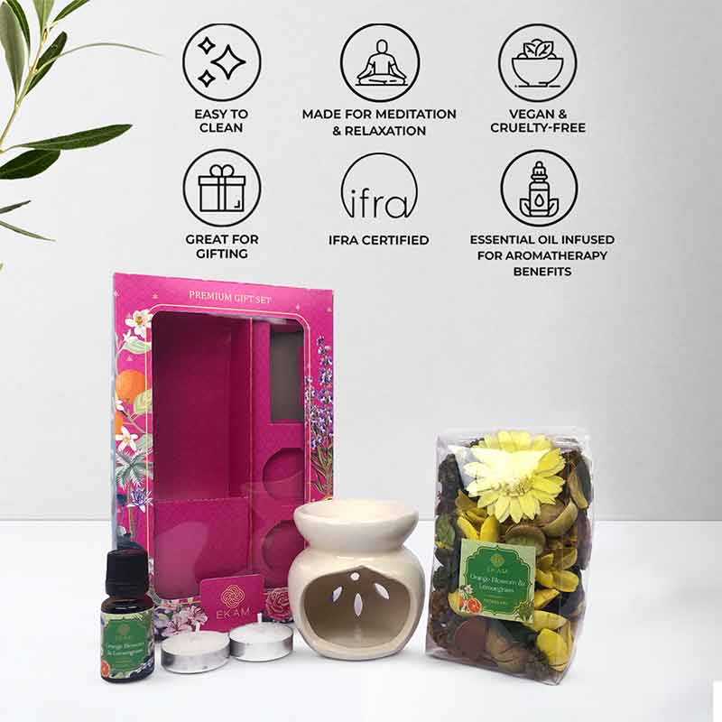 Ceramic Oil Warmer & Potpourri Gift Set | Orange Blossom & Lemongrass Scent