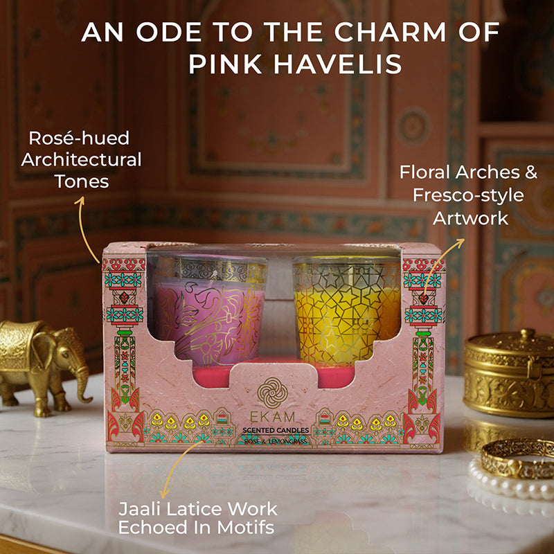 Pack of 2 Scented Votive Candles| Lemongrass, Rose| Festive Pink Haveli Collection, 2025-26