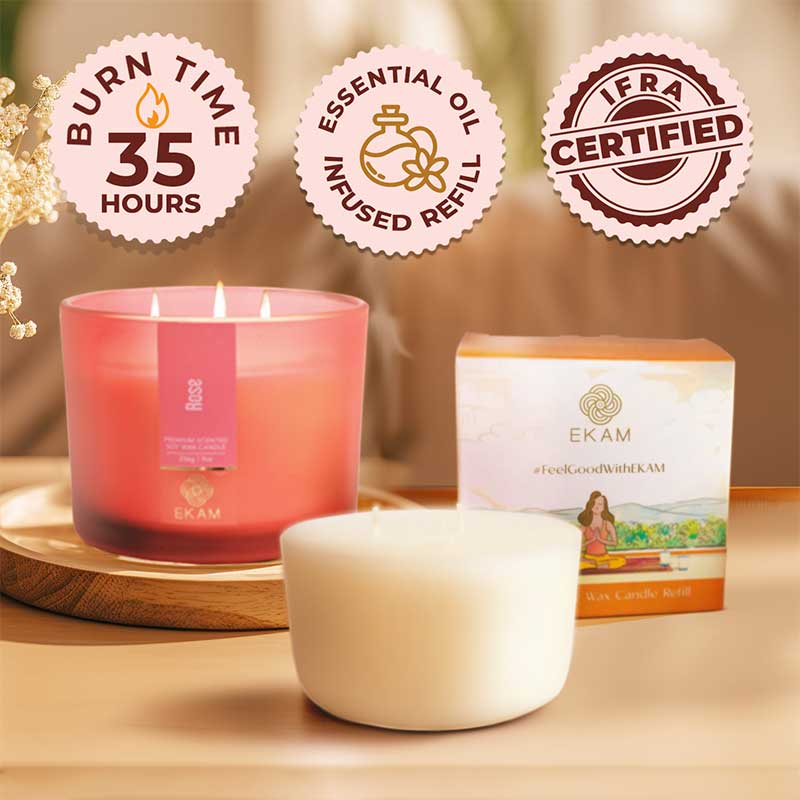 Rose Scented 3 Wick Candle Jar and Black Tea & Pomegranate Scented 3 Wick Refill Candle Combo