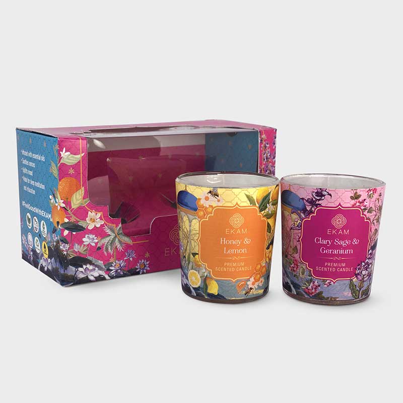 Pack of 2 Shot Glass Candles | Honey & Lemon | Clary Sage & Geranium