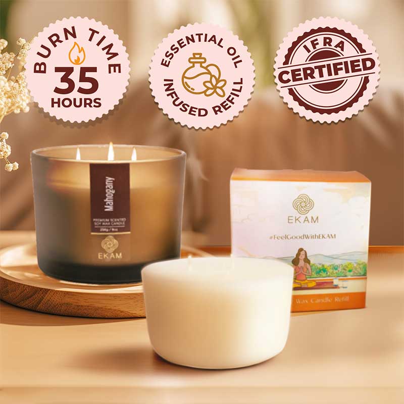 Mahogany Scented 3 Wick Candle Jar and Vanilla Scented 3 Wick Refill Candle Combo