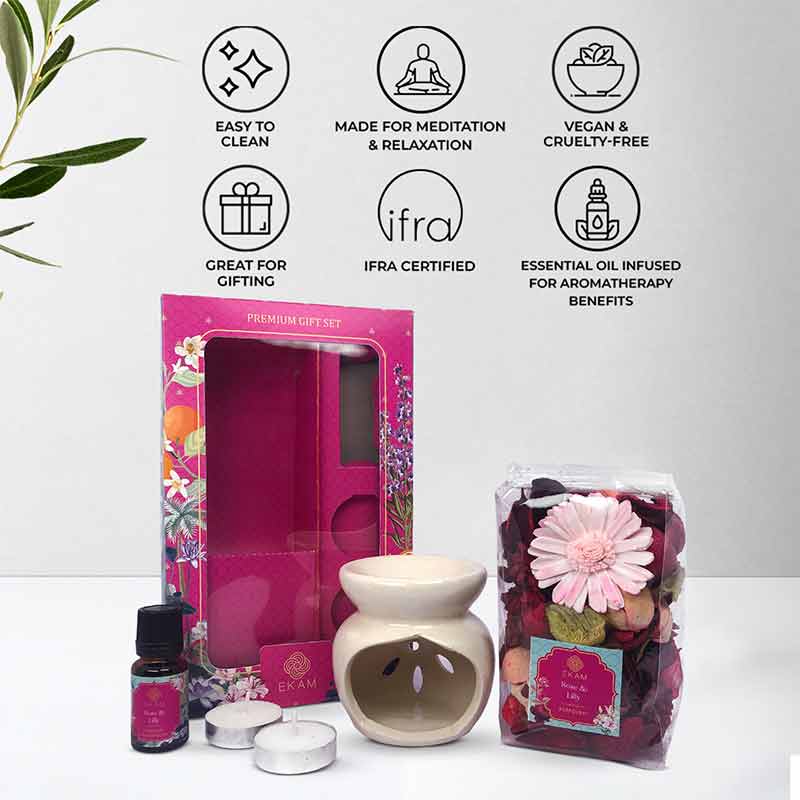 Ceramic Oil Warmer & Potpourri Gift Set | Rose & Lilly Scent