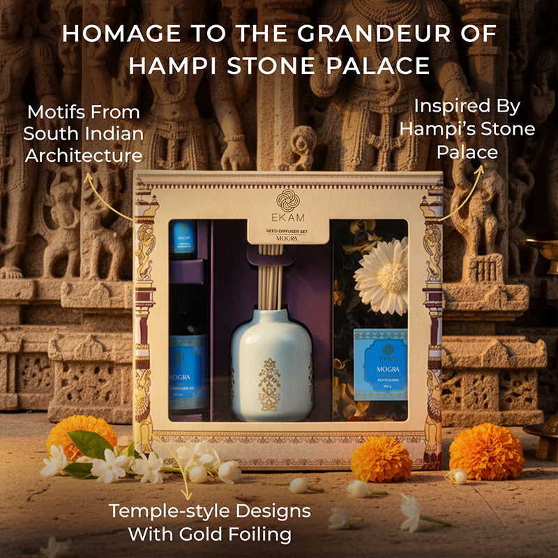 Mogra Scented Reed Diffuser & Potpourri Gift Set| Festive Stone Palace Collection, 2025-26