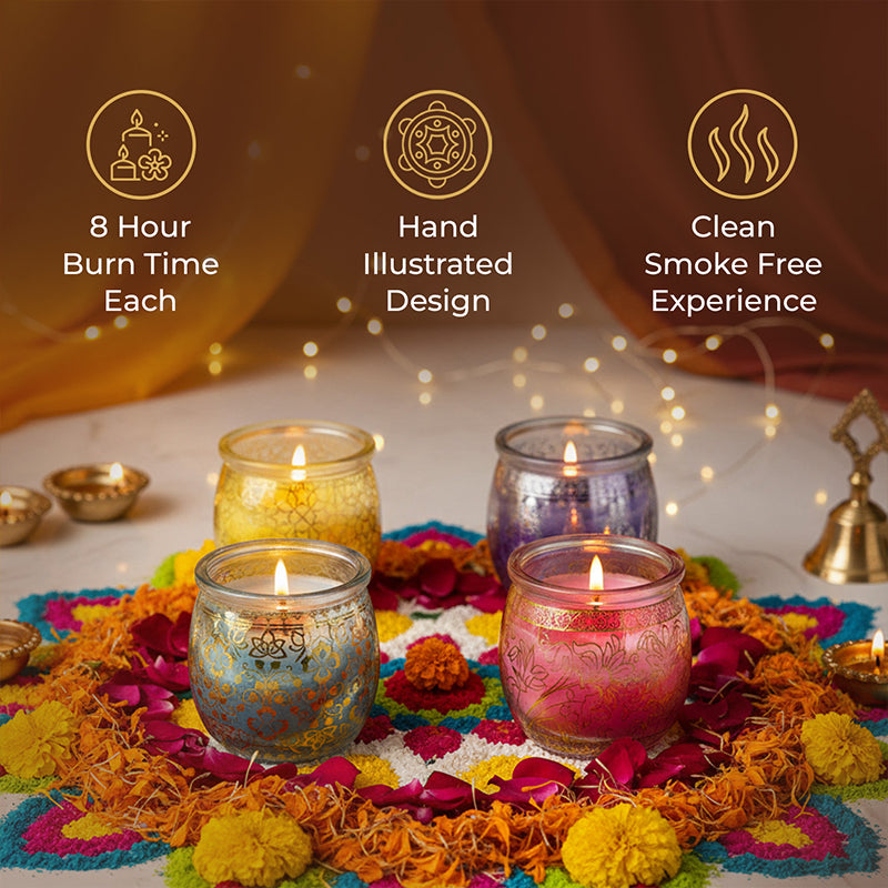 Pack of 4 Scented Jar Candles | Lavender, Lemongrass, Mogra, and Rose| Festive Gift Box