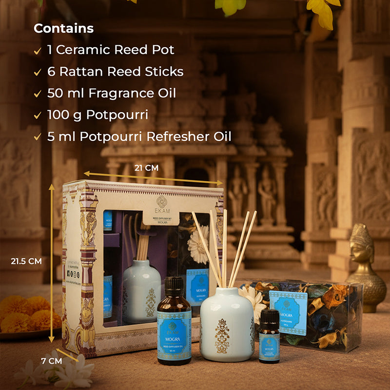 Mogra Scented Reed Diffuser & Potpourri Gift Set| Festive Stone Palace Collection, 2025-26