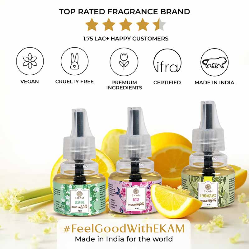 Pack of 3 Scented Air Freshener Plug-In Refill | Rose, Lemongrass & Jasmine | 45 Ml Each