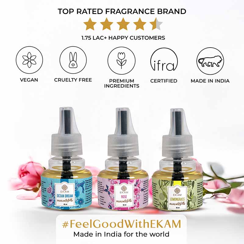 Pack of 3 Scented Air Freshener Plug-In Refill | Ocean Dream, Rose & Lemon Grass | 45 Ml Each