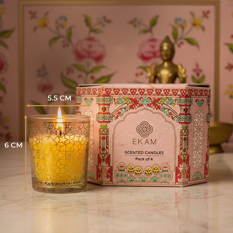 Pack of 4 Scented Votive Candles| Lemongrass, Rose| Festive Pink Haveli Collection, 2025-26