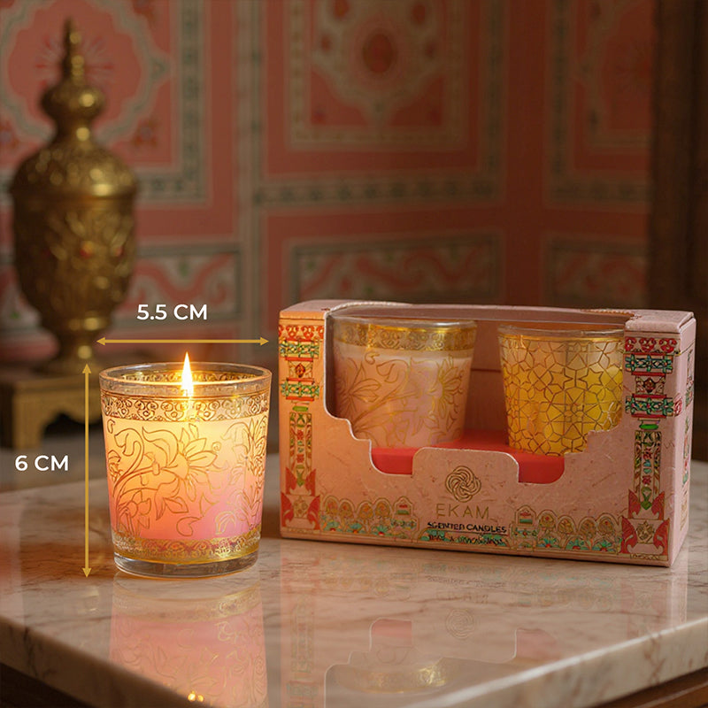 Pack of 2 Scented Votive Candles| Lemongrass, Rose| Festive Pink Haveli Collection, 2025-26