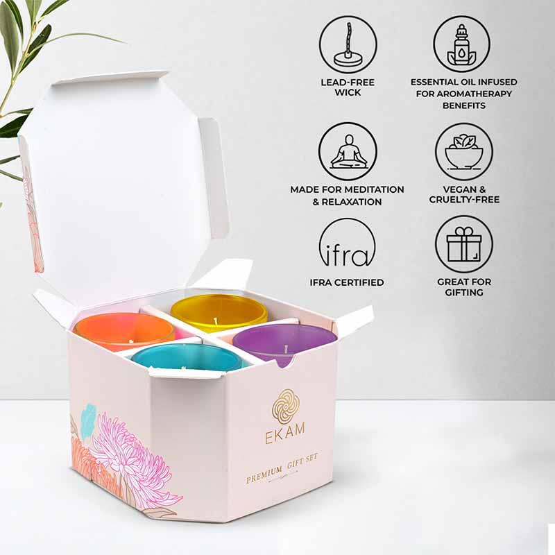 Pack of 4 Frosted Shot Glass Candles- Fruit Splash + Lavender + Cedar & Mint + Temple Bloom