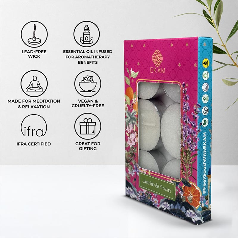 Pack of 6 Tea Light Scented Candles| Jasmine & Freesia | Ideal for Gifting, Décor| Gifting Pack
