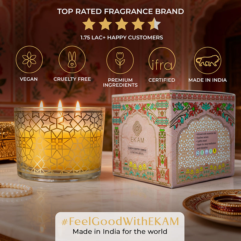 Lemongrass Scented 3 Wick Candle, 213 g| Festive Pink Haveli Collection, 2025-26