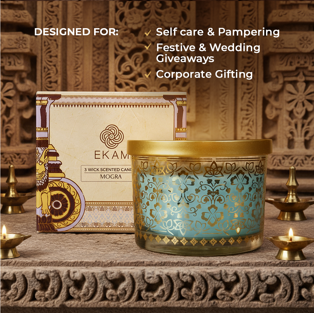 Mogra Scented 3 Wick Candle, 213 g| Festive Stone Palace Collection, 2025-26
