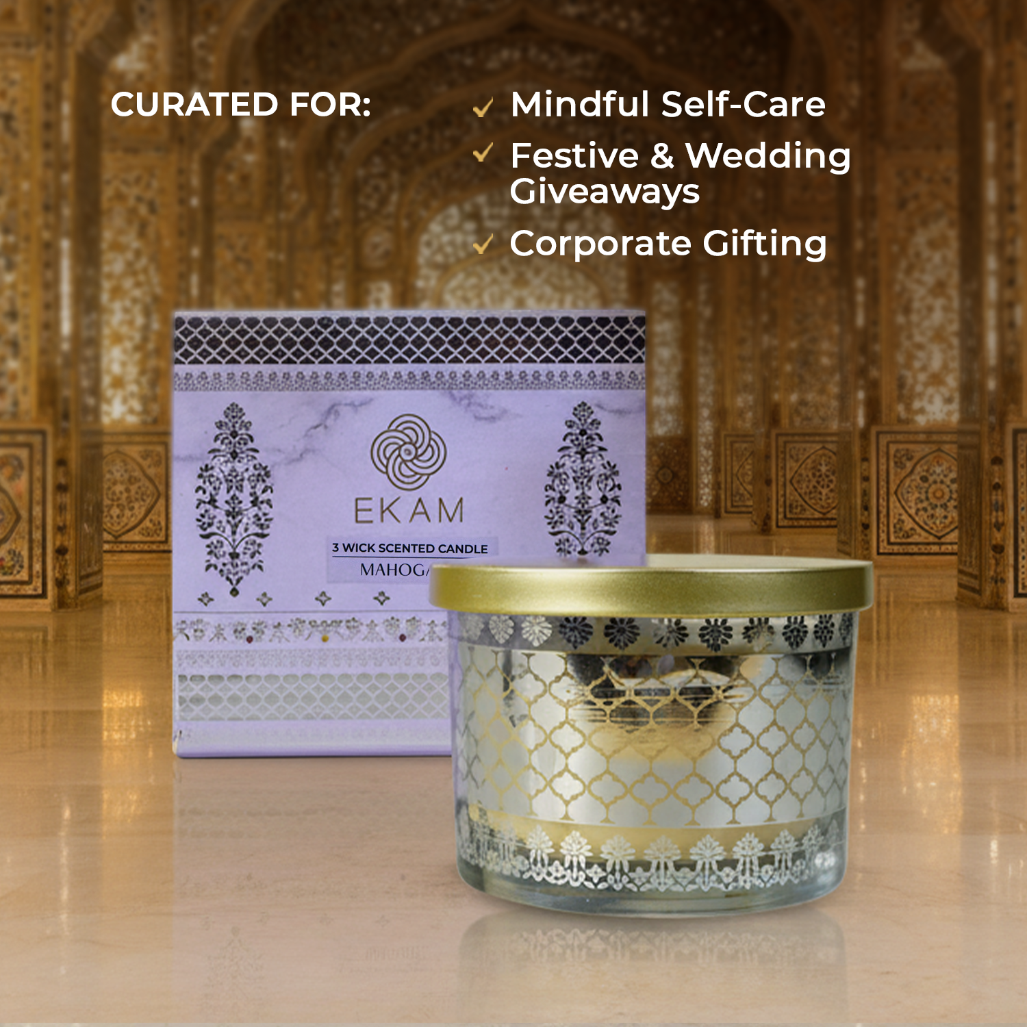 Mahogany Scented 3 Wick Candle, 213 g| Festive Sheesh Mahal Collection, 2025-26