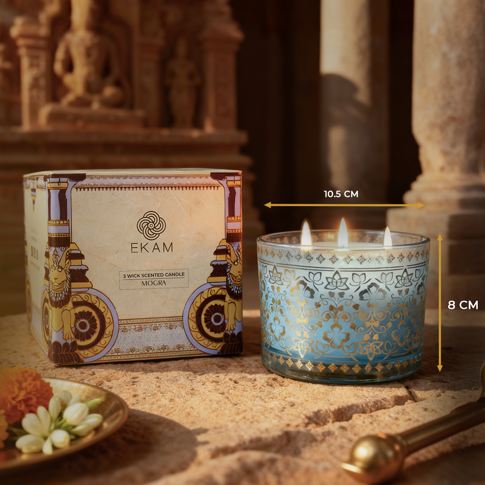 Mogra Scented 3 Wick Candle, 213 g| Festive Stone Palace Collection, 2025-26