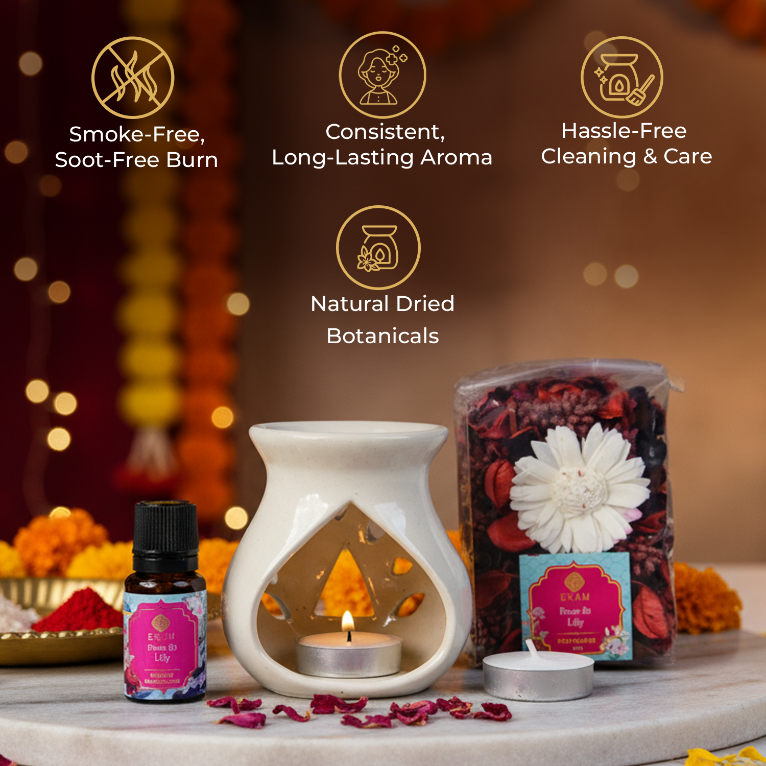 Rose & Lily Ceramic Oil Warmer & Potpourri Gift Set