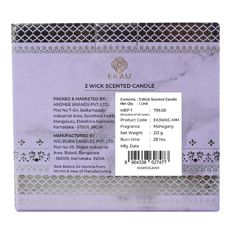 Mahogany Scented 3 Wick Candle, 213 g| Festive Sheesh Mahal Collection, 2025-26