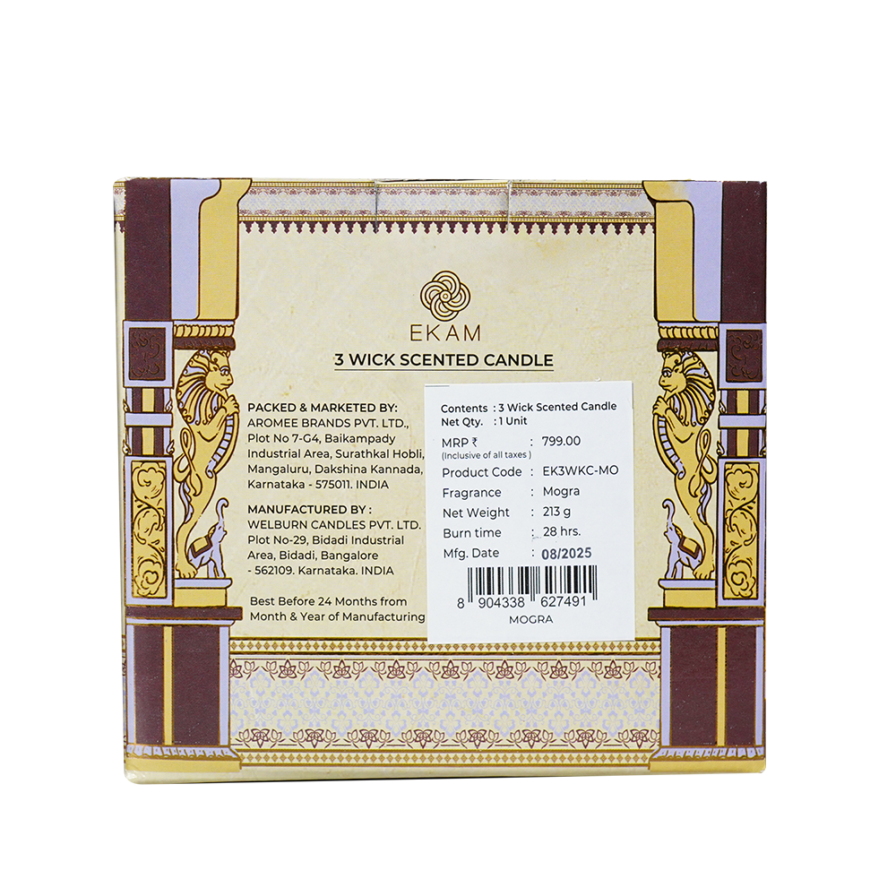 Mogra Scented 3 Wick Candle, 213 g| Festive Stone Palace Collection, 2025-26