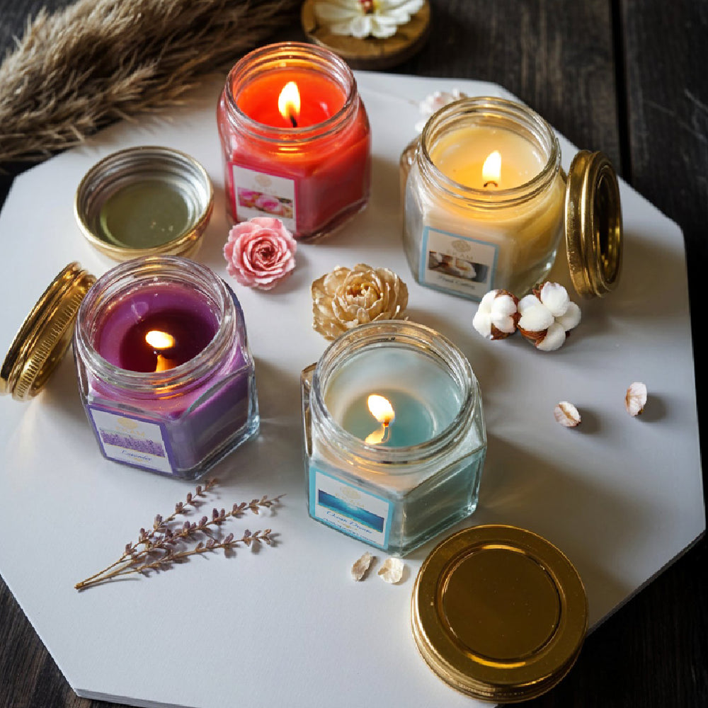 Pack of 4 Scented Hexa Jar Candles| Fresh Cotton, Ocean Dream, Lavender, and Rose| Festive Gift Box