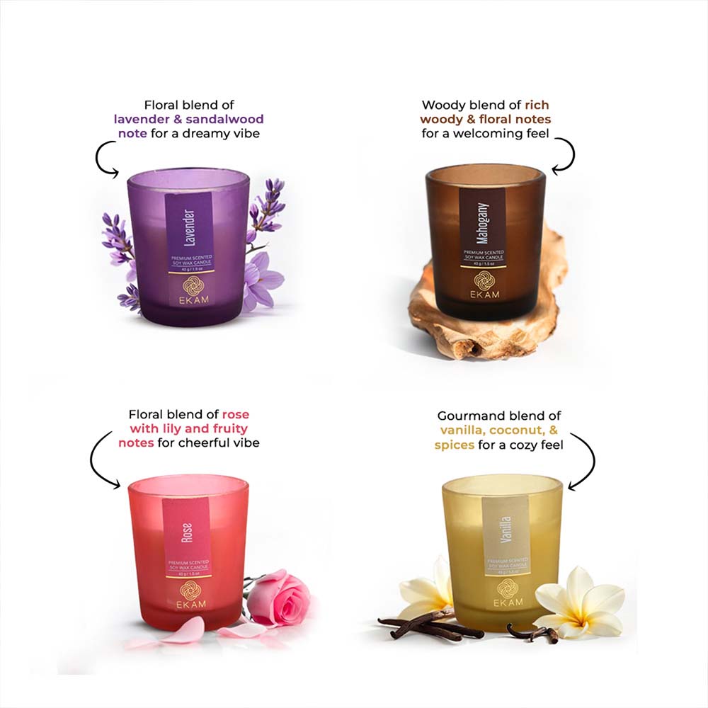 Pack of 4 Shot Glass Scented Candles – Mahogany, Lavender, Rose, Vanilla