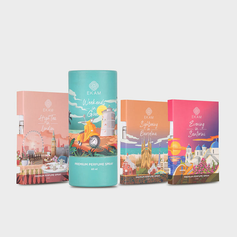Pack of 4 Perfume Sprays-60 ml Weekends in Goa + 5 ml High Tea in London, 5 ml Sightseeing in Barcelona, 5 ml Evenings in Santorini