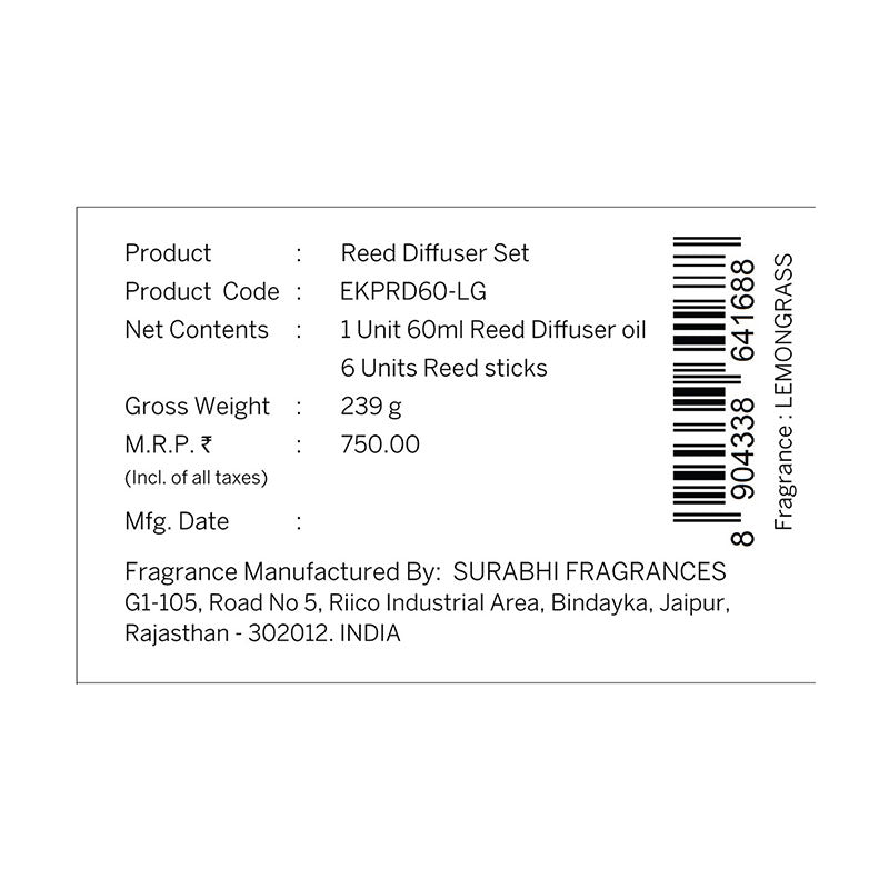 Lemongrass Frosted Glass Reed Diffuser Set for Home, 60 ml