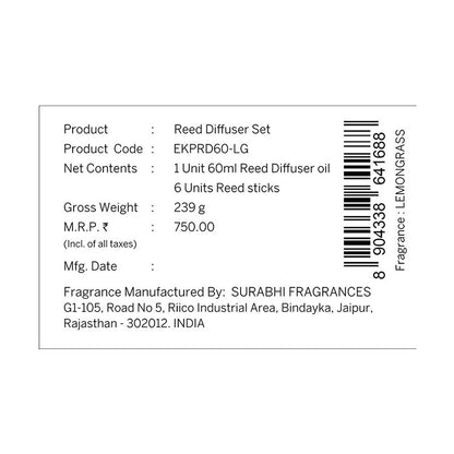 Lemongrass Frosted Glass Reed Diffuser Set for Home, 60 ml