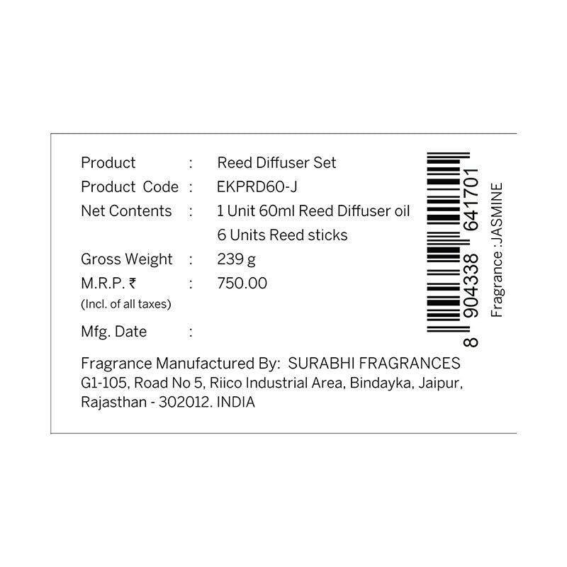 Jasmine Frosted Glass Reed Diffuser Set for Home, 60 ml