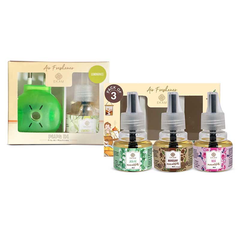 Lemongrass Scented Plug In Kit and 3-pack Refill Combo of Mahogany, Rose &amp; Jasmine Fragrances