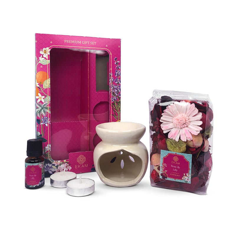 Rose &amp; Lily Ceramic Oil Warmer &amp; Potpourri Gift Set