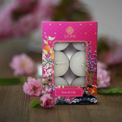Pack of 6 Tea Light Candles | Rose &amp; Lilly Scent
