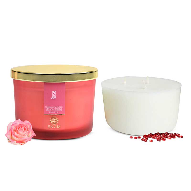 Rose Scented 3 Wick Candle Jar and Black Tea &amp; Pomegranate Scented 3 Wick Refill Candle Combo