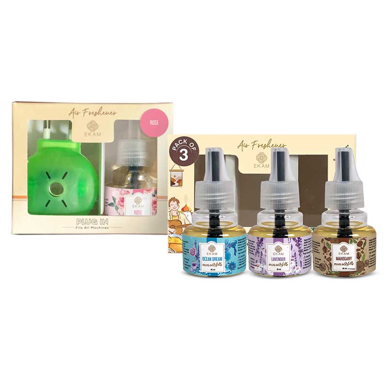 Rose Scented Plug In Kit and 3-pack Refill Combo of Lavender, Mahogany, &amp; Ocean Dream Fragrances