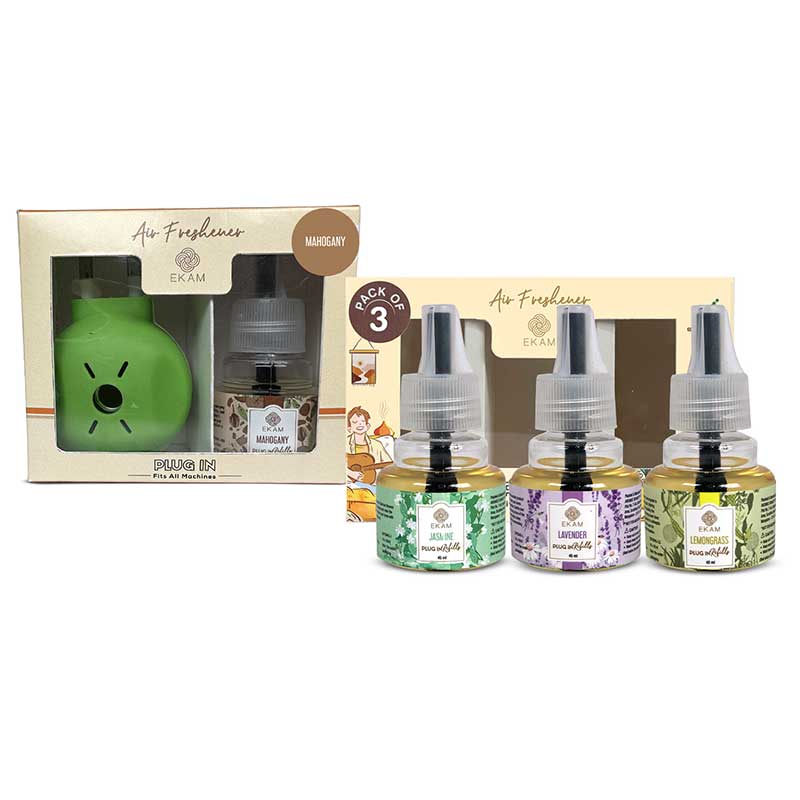 Mahogany Scented Plug In Kit and 3-pack Refill Combo of Lemongrass, Lavender &amp; Jasmine Fragrances