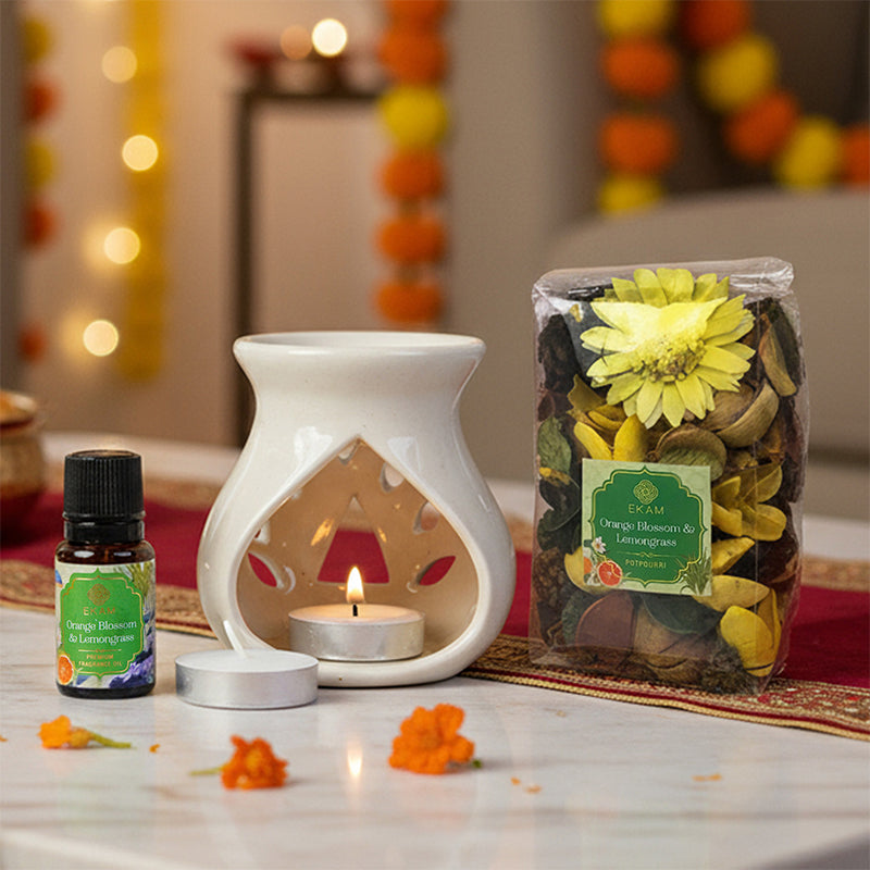 Orange Blossom &amp; Lemongrass Ceramic Oil Warmer &amp; Potpourri Gift Set
