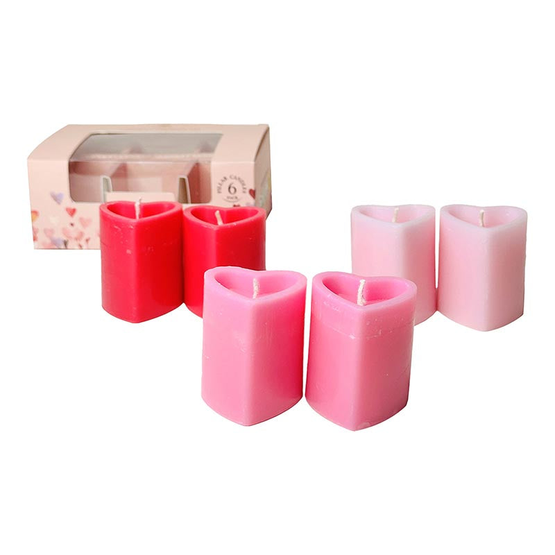 Pack of 6 Heart Shaped Scented Pillar Candles– Heart’s Desire, Love Whisper, Crimson Kiss