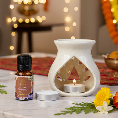 Cedar &amp; Mahogany Ceramic Oil Warmer Gift Set