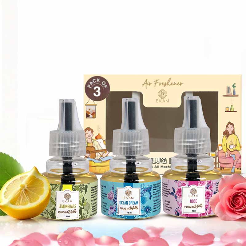 Pack of 3 Scented Air Freshener Plug-In Refill | Ocean Dream, Rose &amp; Lemon Grass | 45 Ml Each